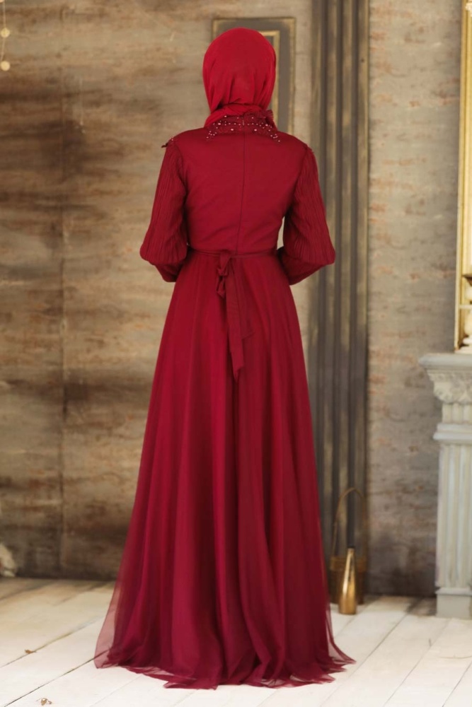 Tesettürlü Abiye Elbise - Robe de soirée islamique rouge bordeaux 21780BR - 3
