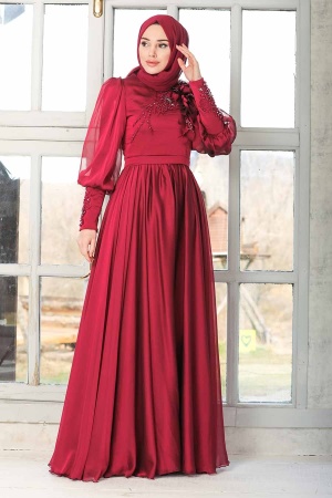 Tesettürlü Abiye Elbise - Robe de soirée islamique rouge bordeaux 21960BR - 3