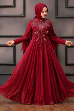 Tesettürlü Abiye Elbise - Robe de soirée islamique rouge bordeaux 21970BR - 1