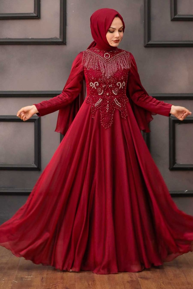 Tesettürlü Abiye Elbise - Robe de soirée islamique rouge bordeaux 21970BR - 1