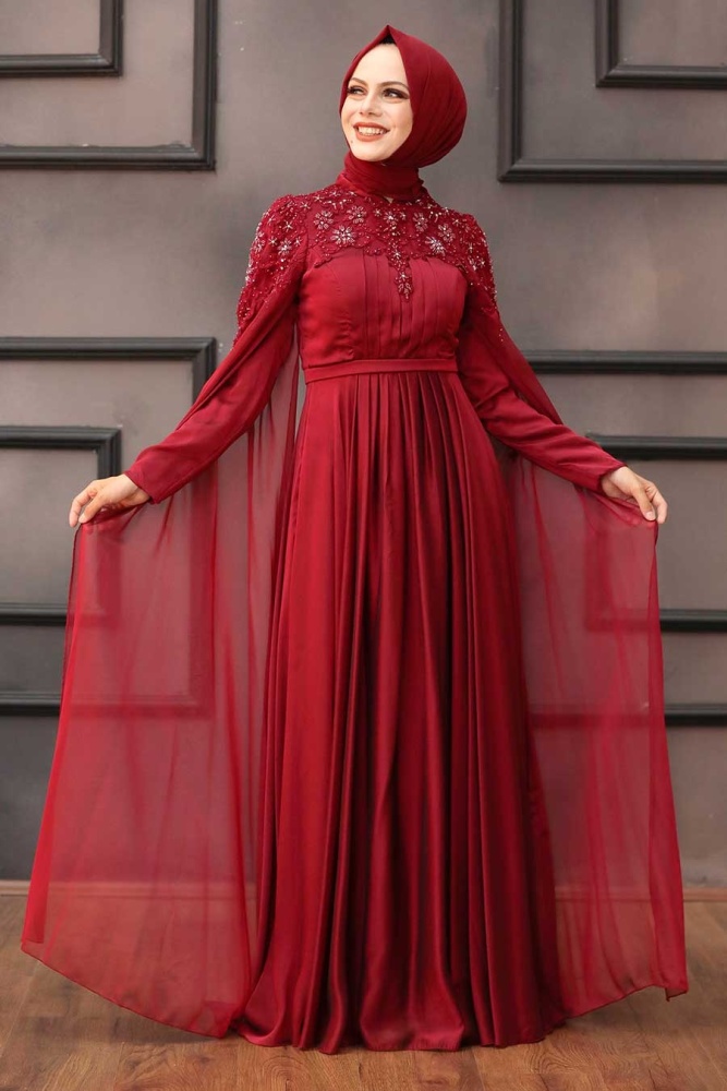 Tesettürlü Abiye Elbise - Robe de soirée islamique rouge bordeaux 21990BR - 1