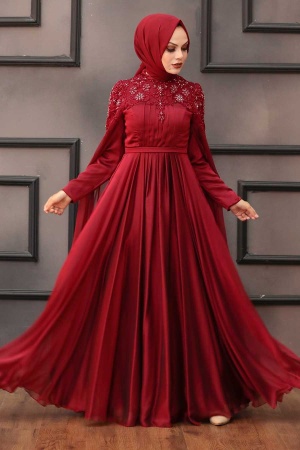 Tesettürlü Abiye Elbise - Robe de soirée islamique rouge bordeaux 21990BR - 2