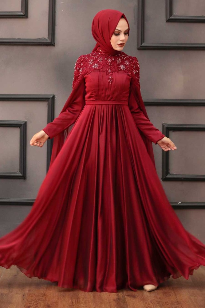 Tesettürlü Abiye Elbise - Robe de soirée islamique rouge bordeaux 21990BR - 2