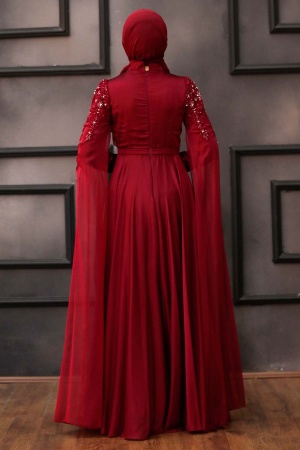 Tesettürlü Abiye Elbise - Robe de soirée islamique rouge bordeaux 21990BR - 3