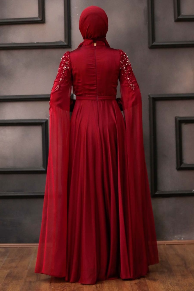 Tesettürlü Abiye Elbise - Robe de soirée islamique rouge bordeaux 21990BR - 3