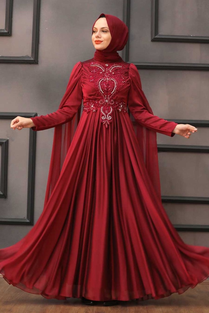 Tesettürlü Abiye Elbise- Robe de soirée islamique rouge bordeaux 22001BR - 1