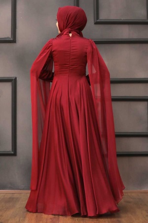 Tesettürlü Abiye Elbise- Robe de soirée islamique rouge bordeaux 22001BR - 2