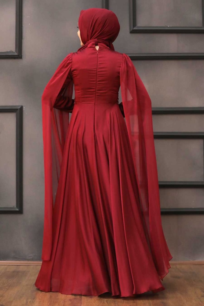 Tesettürlü Abiye Elbise- Robe de soirée islamique rouge bordeaux 22001BR - 2
