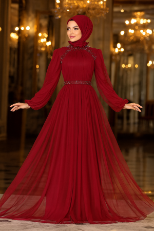 Tesettürlü Abiye Elbise - Robe de soirée islamique rouge bordeaux 22041BR - 1