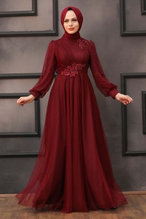 Tesettürlü Abiye Elbise - Robe de soirée islamique rouge bordeaux 22061BR - 1
