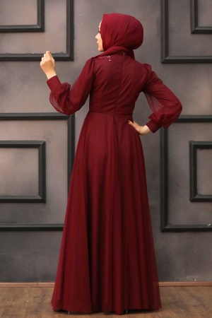Tesettürlü Abiye Elbise - Robe de soirée islamique rouge bordeaux 22061BR - 2