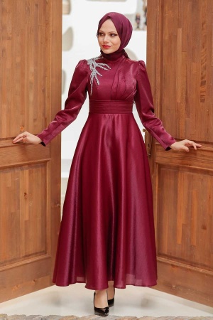 Tesettürlü Abiye Elbise - Robe de soirée islamique rouge bordeaux 22301BR - 1