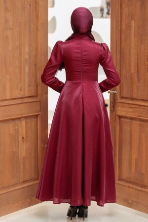 Tesettürlü Abiye Elbise - Robe de soirée islamique rouge bordeaux 22301BR - 3