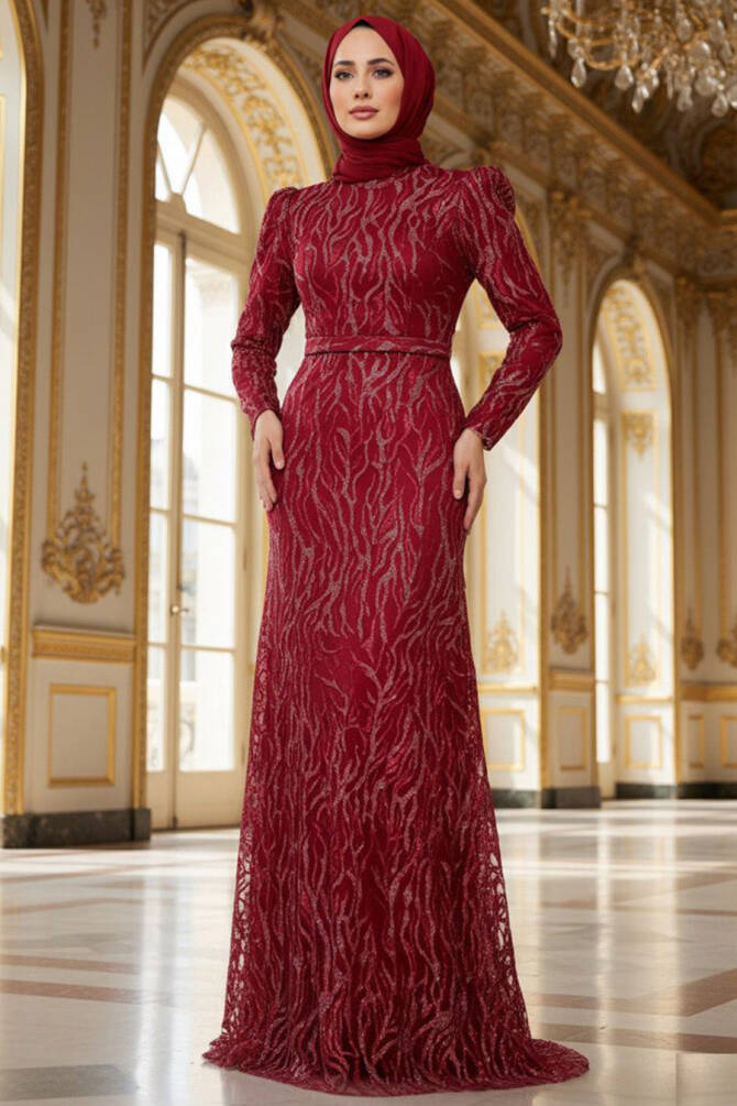 Tesettürlü Abiye Elbise - Robe de Soirée Islamique Rouge Bordeaux 22633BR - 1