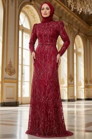 Robe de soirée longue et couvrante avec broderies de perles – Bordeaux 22633BR - 1