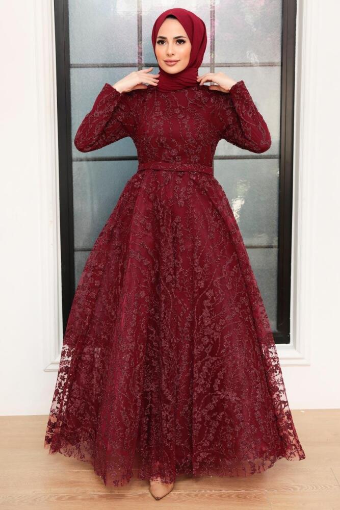 Tesettürlü Abiye Elbise - Robe de soirée islamique rouge bordeaux 22780BR - 1