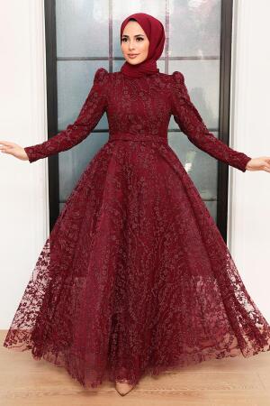Tesettürlü Abiye Elbise - Robe de soirée islamique rouge bordeaux 22780BR - 2
