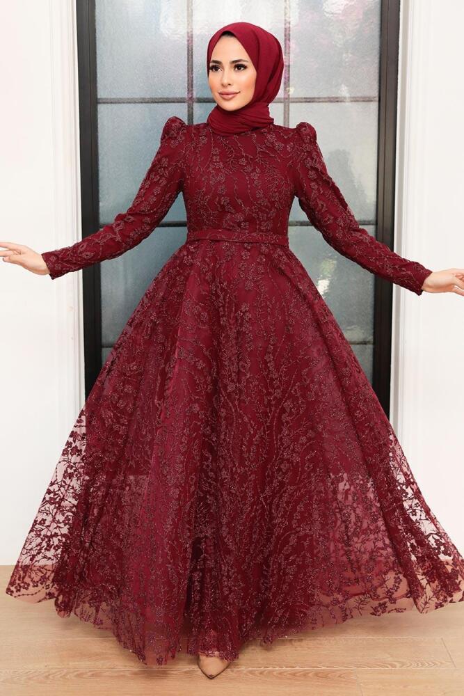 Tesettürlü Abiye Elbise - Robe de soirée islamique rouge bordeaux 22780BR - 2
