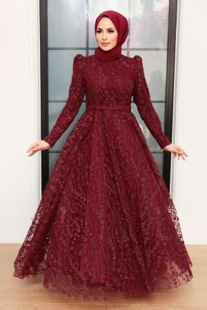 Tesettürlü Abiye Elbise - Robe de soirée islamique rouge bordeaux 22780BR - 3