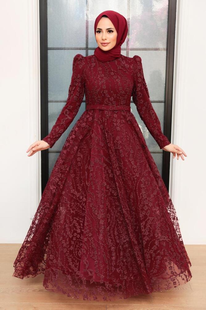 Tesettürlü Abiye Elbise - Robe de soirée islamique rouge bordeaux 22780BR - 3