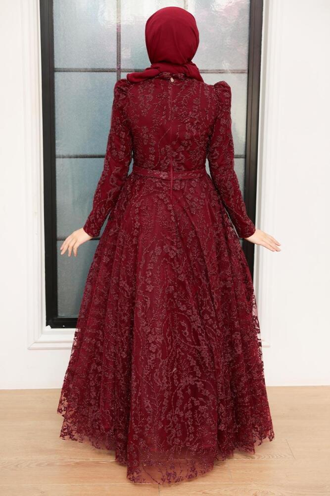 Tesettürlü Abiye Elbise - Robe de soirée islamique rouge bordeaux 22780BR - 4