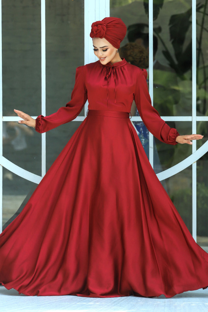 Tesettürlü Abiye Elbise - Robe de soirée islamique rouge bordeaux 25130BR - 1