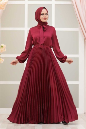 Tesettürlü Abiye Elbise - Robe de soirée islamique rouge bordeaux 3031BR - 1