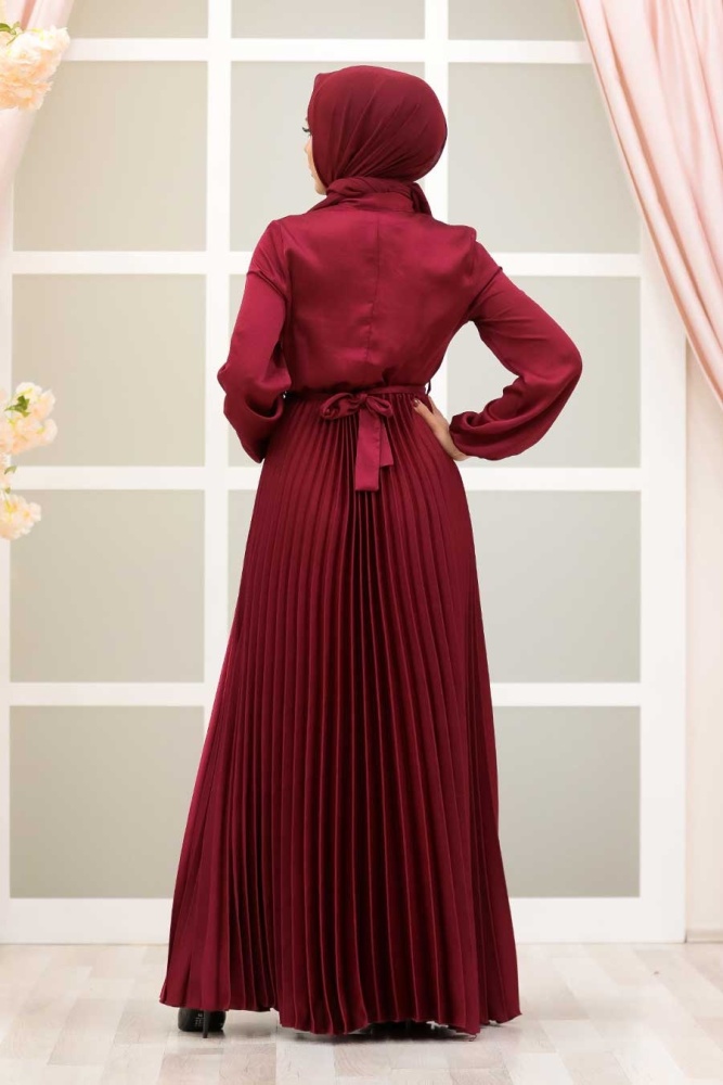 Tesettürlü Abiye Elbise - Robe de soirée islamique rouge bordeaux 3031BR - 3