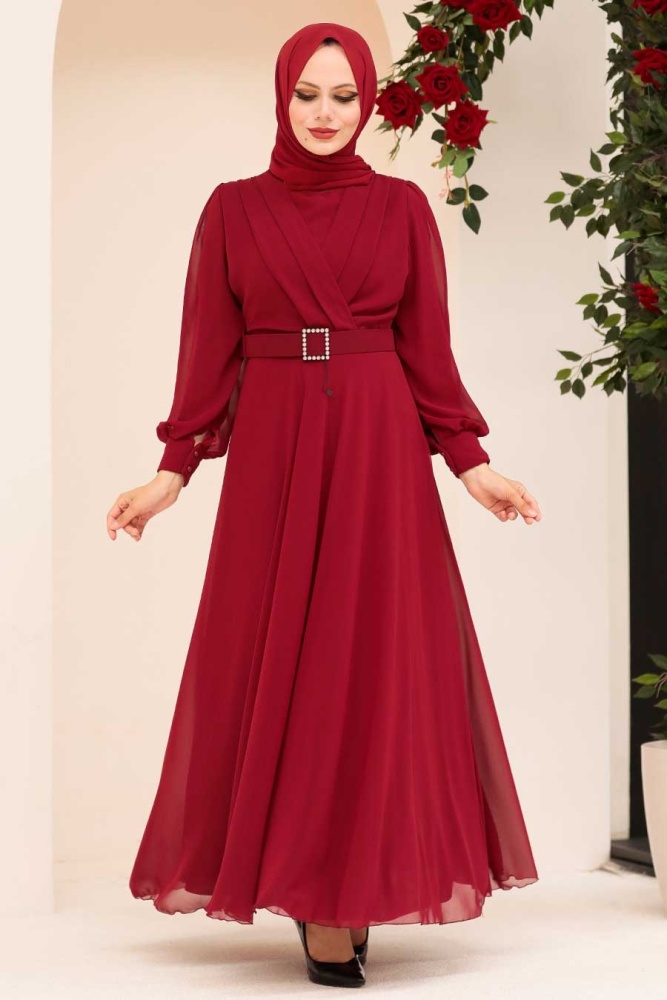 Tesettürlü Abiye Elbise -Robe de soirée islamique rouge bordeaux 3060BR - 1
