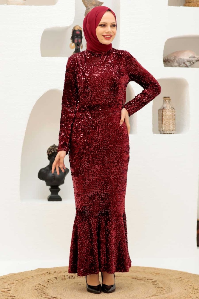 Tesettürlü Abiye Elbise - Robe de soirée islamique rouge bordeaux 32370BR - 2