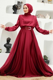 Tesettürlü Abiye Elbise - Robe de Soirée Islamique Rouge Bordeaux 3378BR - Thumbnail