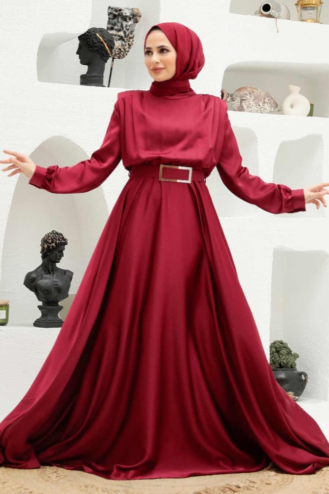 Tesettürlü Abiye Elbise - Robe de Soirée Islamique Rouge Bordeaux 3378BR - 1