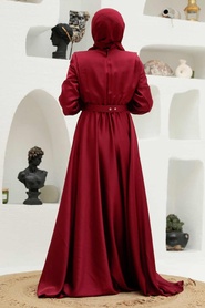 Tesettürlü Abiye Elbise - Robe de Soirée Islamique Rouge Bordeaux 3378BR - Thumbnail