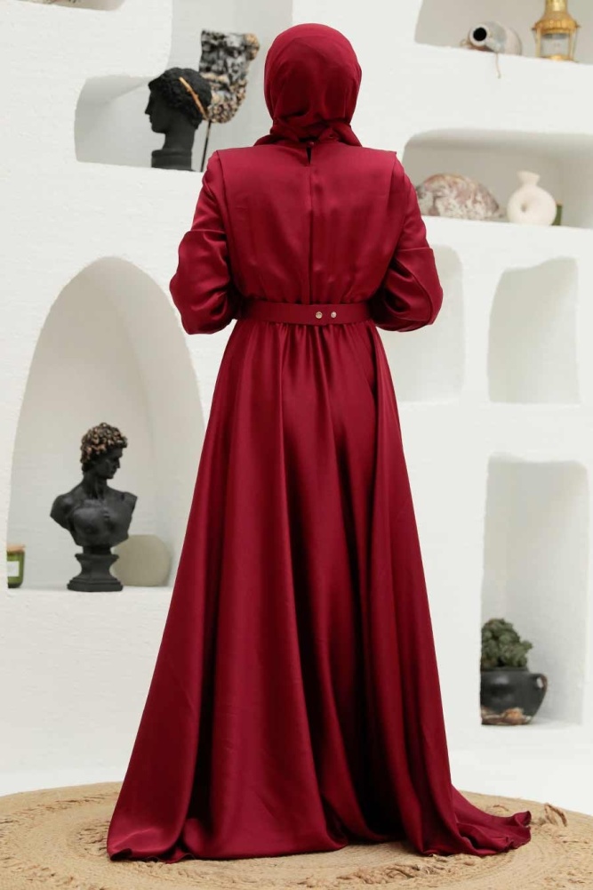 Tesettürlü Abiye Elbise - Robe de Soirée Islamique Rouge Bordeaux 3378BR - 2