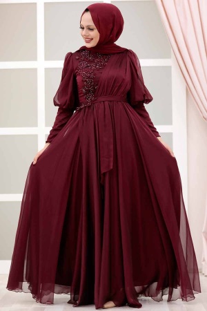 Tesettürlü Abiye Elbise -Robe de soirée islamique rouge bordeaux 41551BR - 2