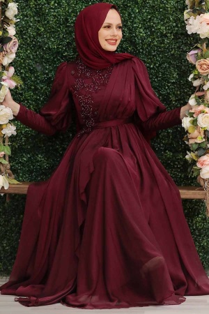 Tesettürlü Abiye Elbise -Robe de soirée islamique rouge bordeaux 41551BR - 1