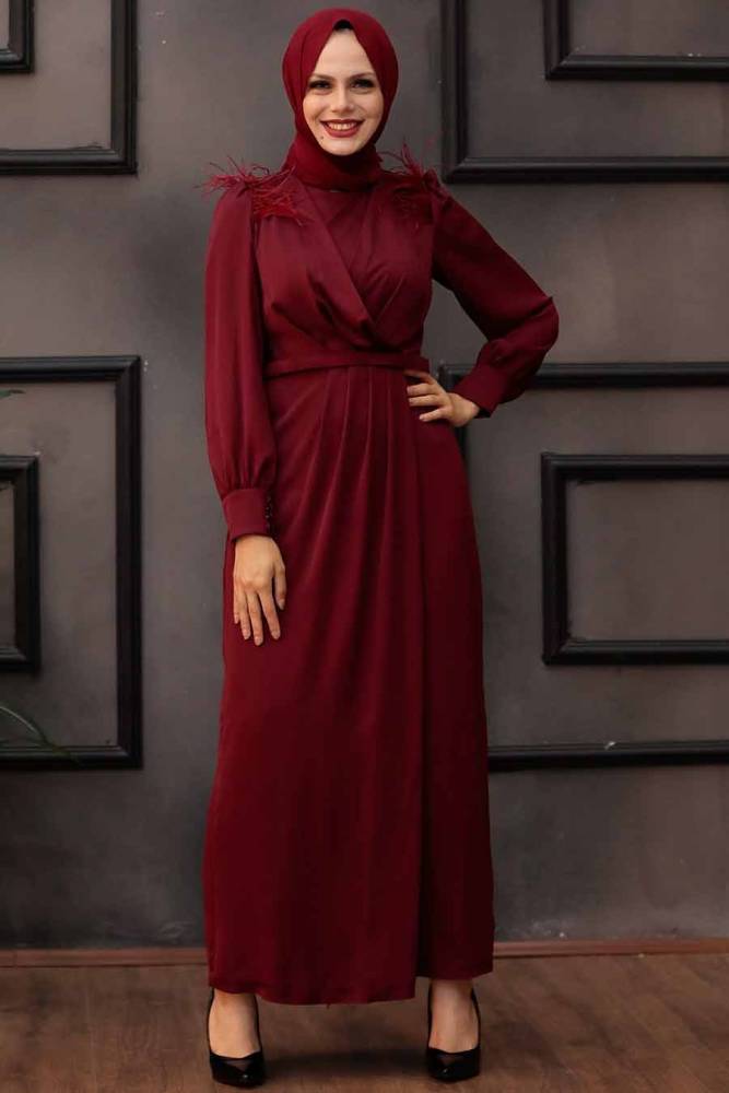 Tesettürlü Abiye Elbise -Robe de soirée islamique rouge bordeaux 4199BR - 3