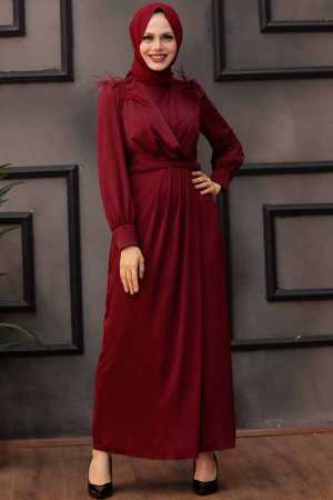 Tesettürlü Abiye Elbise -Robe de soirée islamique rouge bordeaux 4199BR - 1