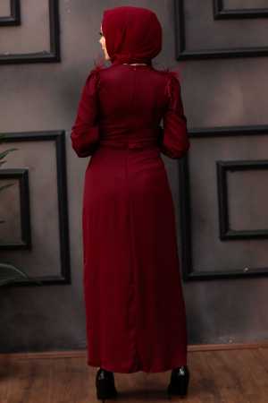 Tesettürlü Abiye Elbise -Robe de soirée islamique rouge bordeaux 4199BR - 4