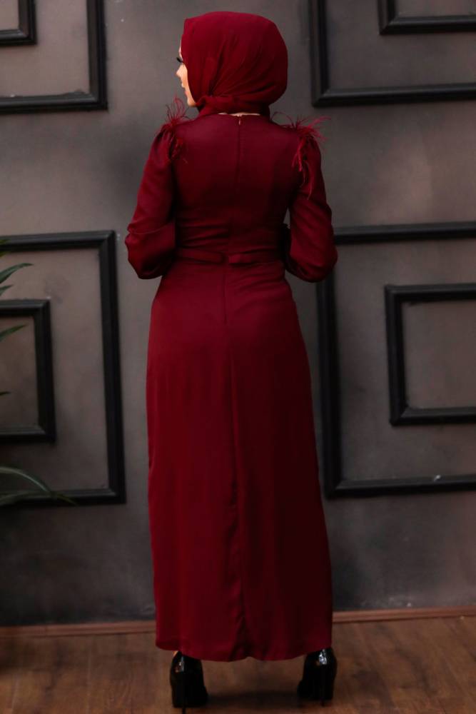 Tesettürlü Abiye Elbise -Robe de soirée islamique rouge bordeaux 4199BR - 4