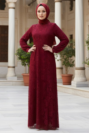 Tesettürlü Abiye Elbise - Robe de soirée islamique rouge bordeaux 5006BR - TESETTÜRLÜ ABİYE ELBİSELER