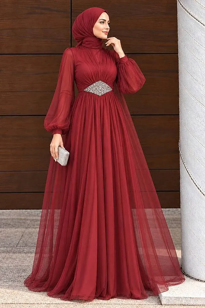 Robe de soirée longue et couvrante avec tulle – Bordeaux 54230BR - 1