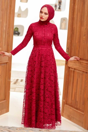 Tesettürlü Abiye Elbise - Robe de soirée islamique rouge bordeaux 54720BR - 2