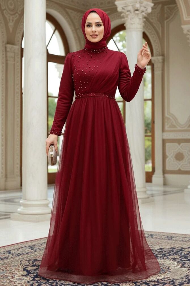 Robe de soirée longue et couvrante avec détails de perles nacrées – Bordeaux 56641BR - 1