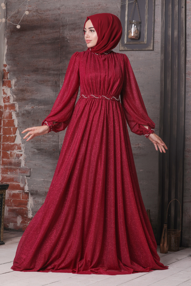Tesettürlü Abiye Elbise - Robe de soirée islamique rouge bordeaux argenté 21680BR - 1