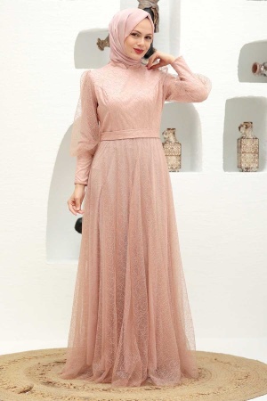 Tesettürlü Abiye Elbise - Robe de soirée islamique saumon 32763SMN - 1