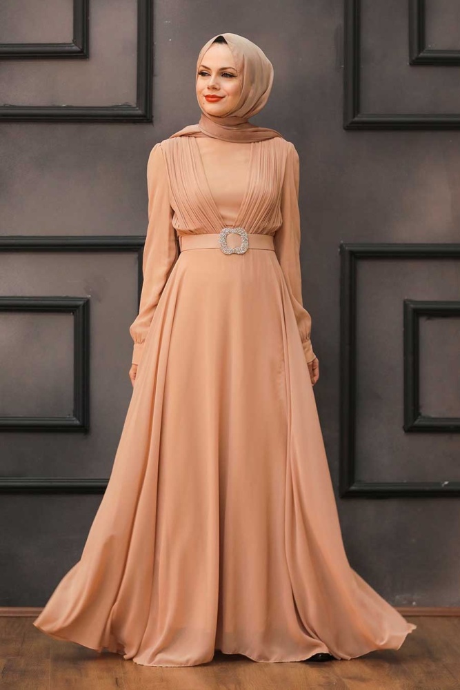 Tesettürlü Abiye Elbise - Robe de soirée islamique saumon ceinturée à boucle 27690SMN - 1