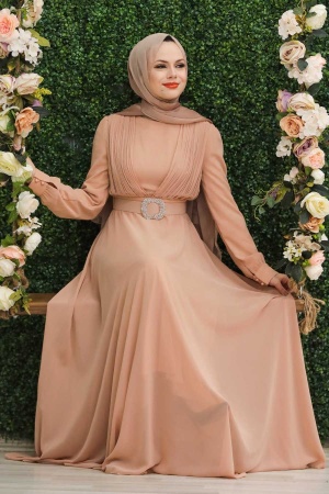 Tesettürlü Abiye Elbise - Robe de soirée islamique saumon ceinturée à boucle 27690SMN - 3