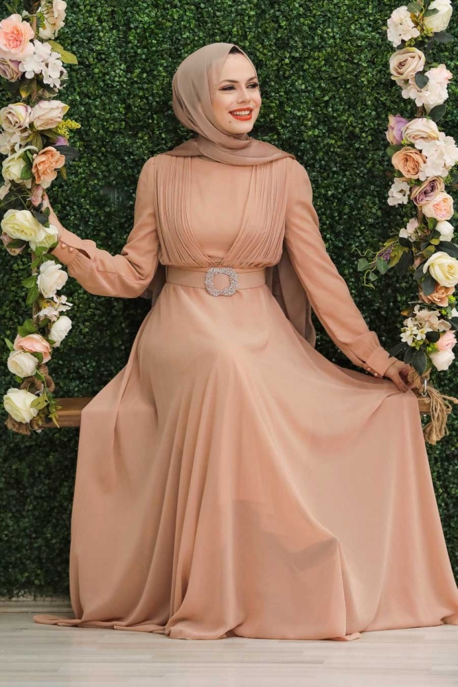 Tesettürlü Abiye Elbise - Robe de soirée islamique saumon ceinturée à boucle 27690SMN - 2