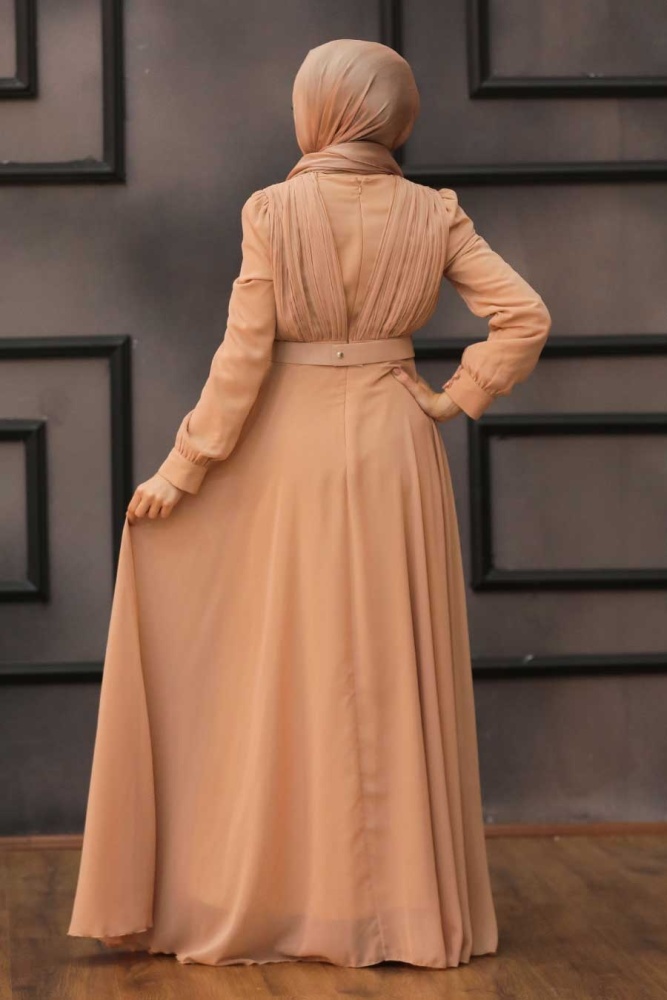 Tesettürlü Abiye Elbise - Robe de soirée islamique saumon ceinturée à boucle 27690SMN - 4